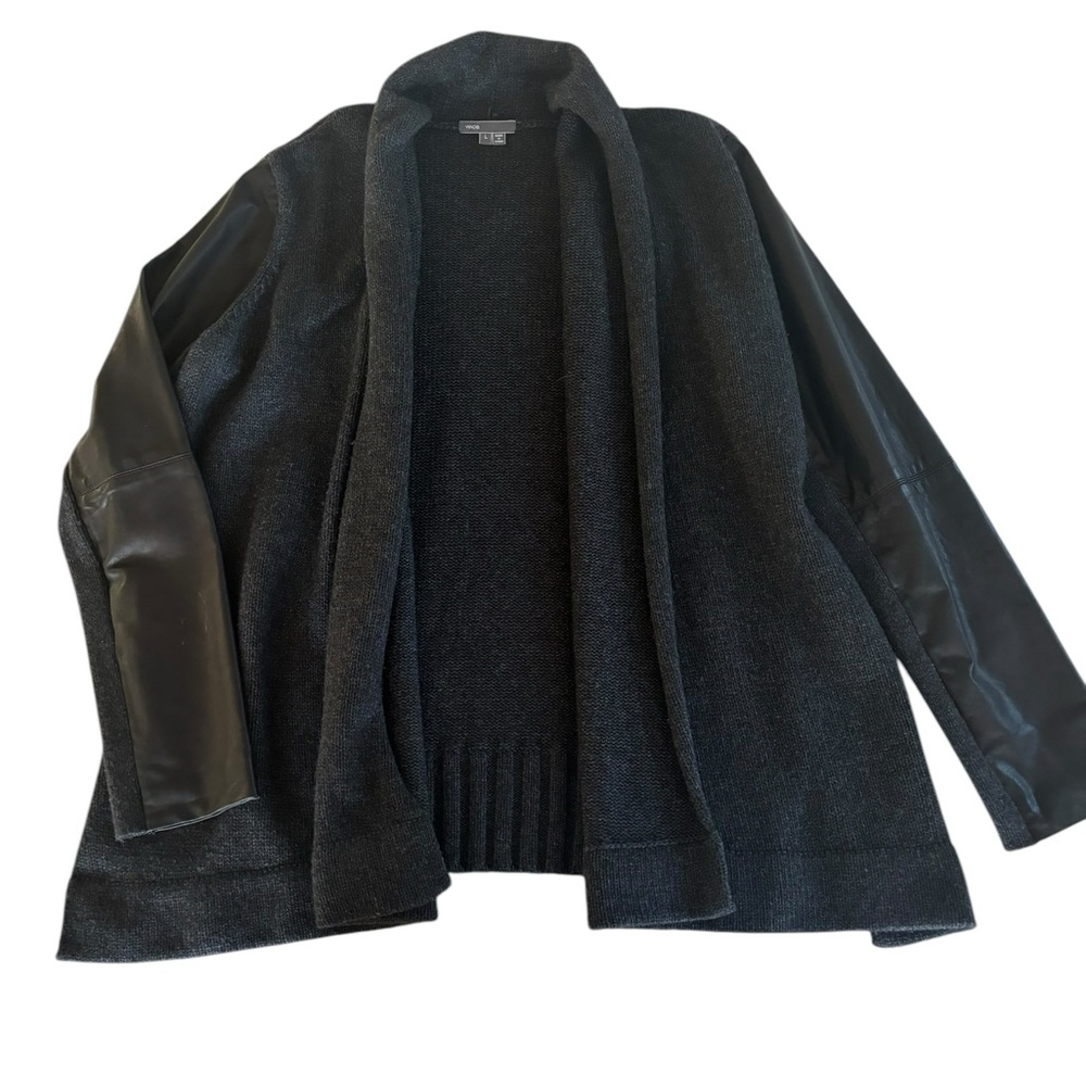 Gray Knit & Black Leather Vince Shawl Cardigan Sz Large - Picture 5 of 10